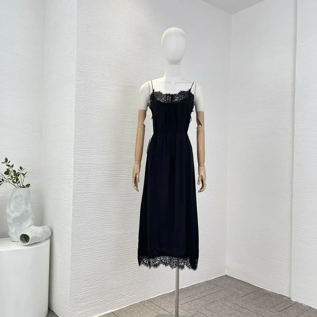 

2023 New High Quality Solid Black Graceful Sleeveless Lace Camisole Elegant Women Midi Dress