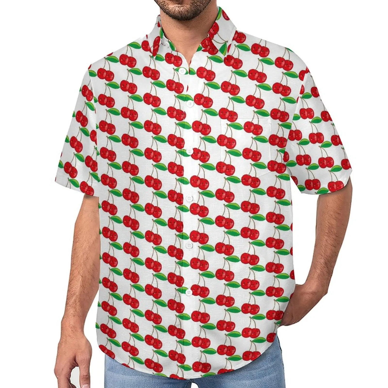 

Kawaii Red Cherries Blouses Male Summer Fruit Casual Shirts Summer Short-Sleeved Printed Y2K Oversized Beach Shirt Birthday Gift