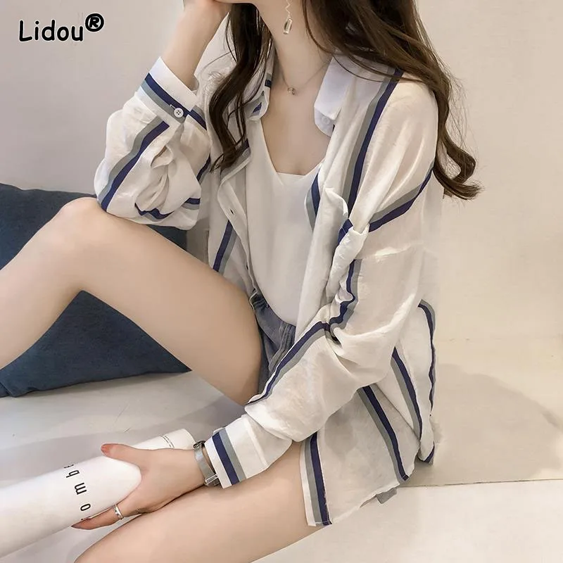 Chiffon Single Breasted Polo-Neck Women Shirt Office Lady Bright Line Decoration Spring Summer Women's Clothing Striped Thin