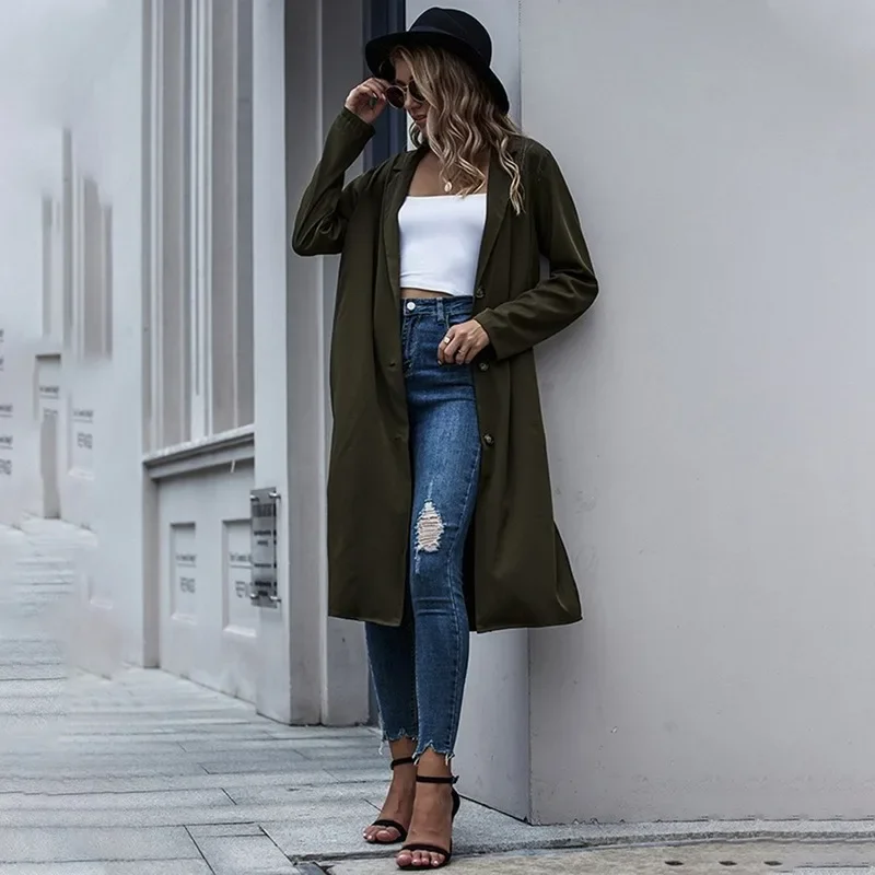 Women Solid Colors Windbreaker Style Blazer Single Breasted X-Long Suits Street Indie Fashion 2023 Office Commute Casual Blazers