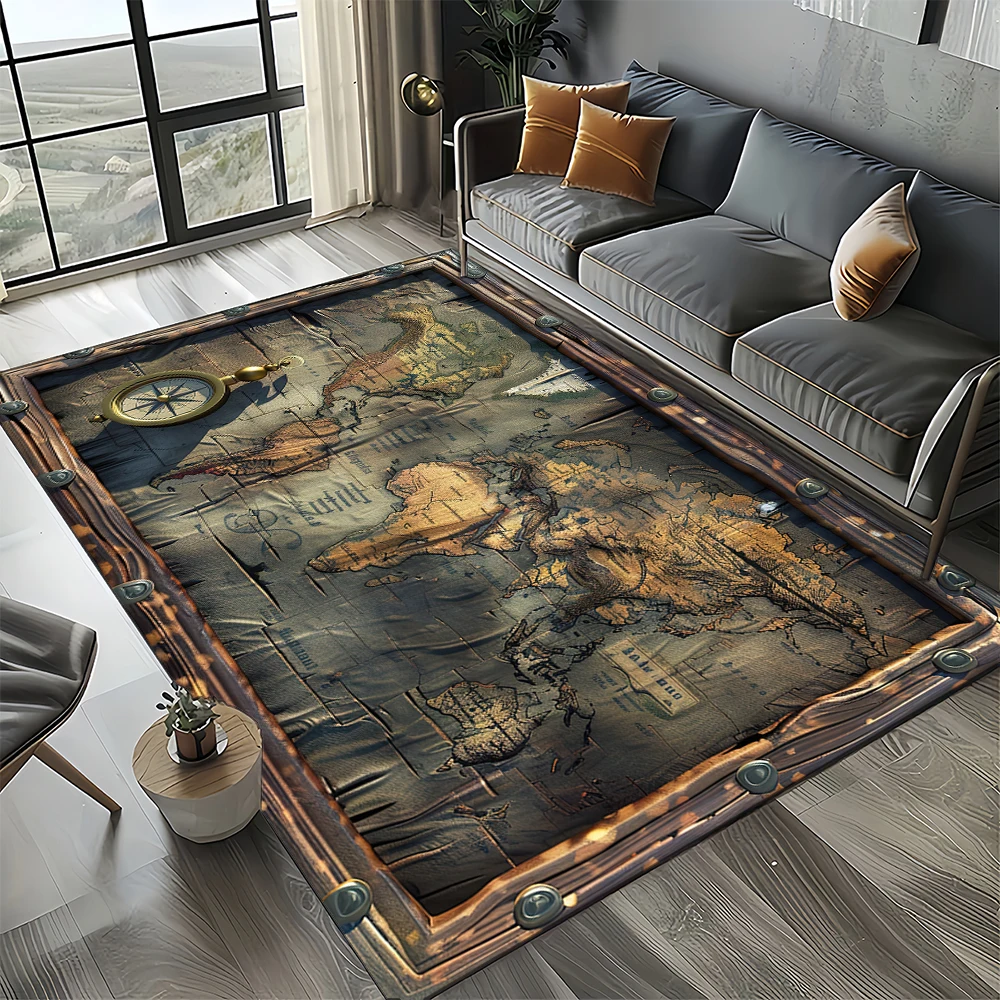Nautical Map Rug – Retro Marine Compass Carpet | Non Slip Floor Mat for Living Room