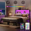Bestier Queen Size Bed Frame with 49.2" High LED Storage Headboard Shelf, Metal Platform Bed, Black 4