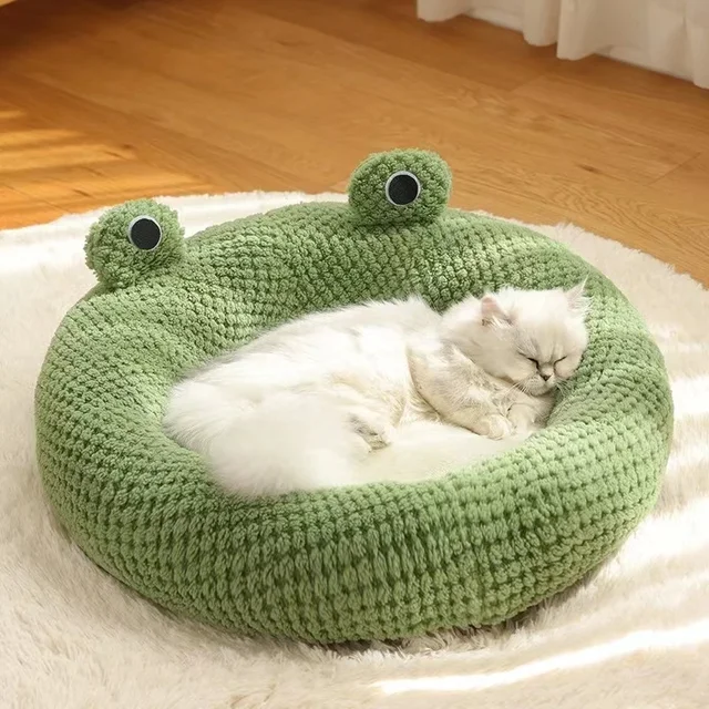 Pet Cat Bed Small Dog Bed Plush Round Cartoon Frog Mat Winter Warm Deep Sleep Comfort Soft Breathable Cat Dog House Pet Supplies 3