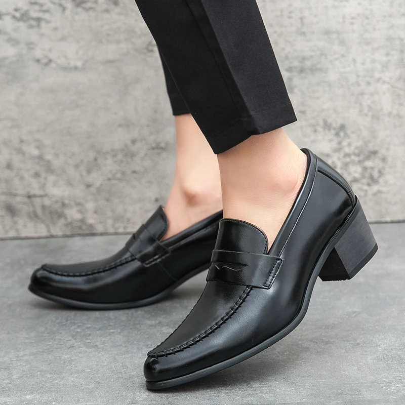 Men Retro Dress Shoes Black Brown Medium High Heels European and American Business Banquet Cuban Leather Shoes Size 38-45 4