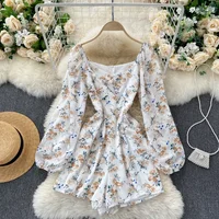 Korean New Spring Summer Chiffon Jumpsuit V-neck Puff Sleeves Folds Slim Slimming Floral Wide-leg Shorts Jumpsuit  UK770 - Image 2