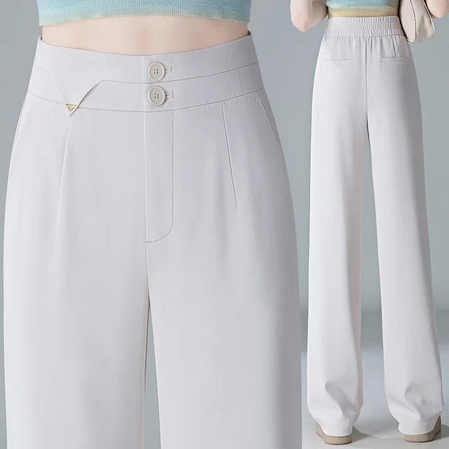 Off white Ice Silk Wide Legs Casual Pants for Women High Waist New Summer Thin Versatile Slimming Loose Straight Leg Long Pants