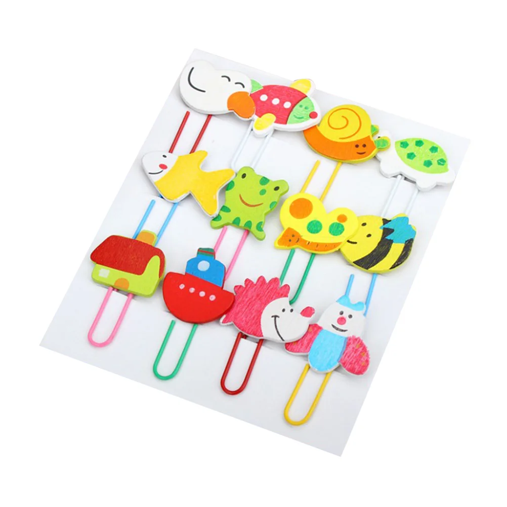 

12pcs Cartoon Animals Wooden Wood Paper Clip Note Mark Bookmark Stationery Gift for Children Kids (Mixed Styles)
