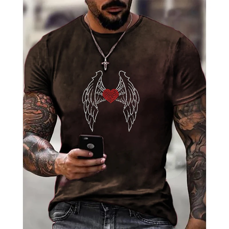 

New Fashion Mens Clothing High Quality Oversized Tee y2k Wing Rhinestone Designer Short Sleeve Tops Daily Casual Street T-shirts