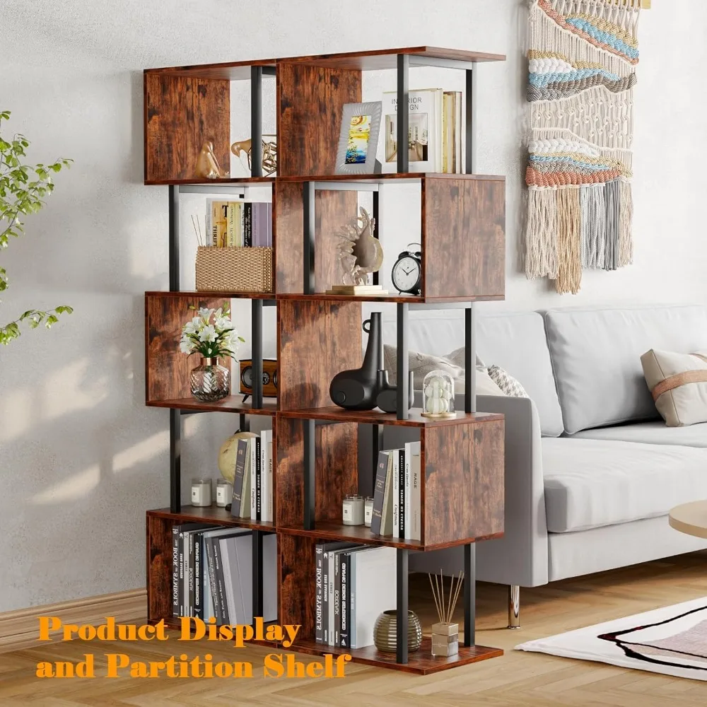 6-Tier Bookshelf, Tall S-Shaped Geometric Bookcase, Industrial Freestanding Display Shelf Unit, Wood Divider for Living Room 5