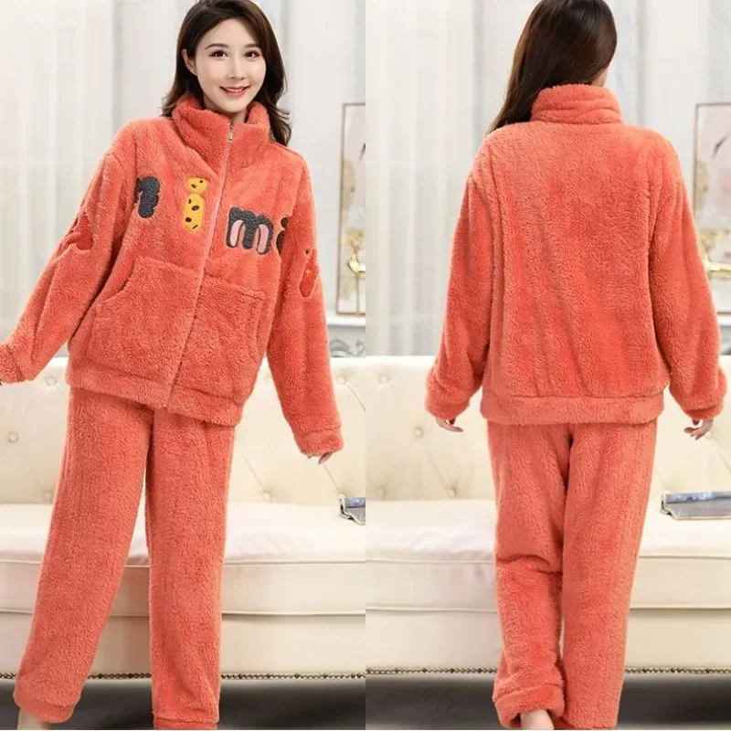 2024 New Coral Velvet Pajamas for Women in Autumn Winter Loungewear Thickened Warm Plush Sleepwear Flannel Zippered Homewear Set