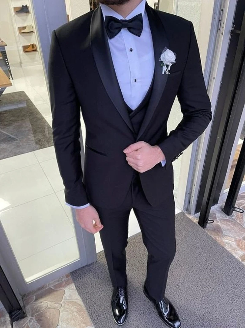 Classic Black Solid Wedding Suits For Men Custom Made 3 Piece Jacket Vest Pants Set Formal Groom Peaked Tuxedos Costume Homme