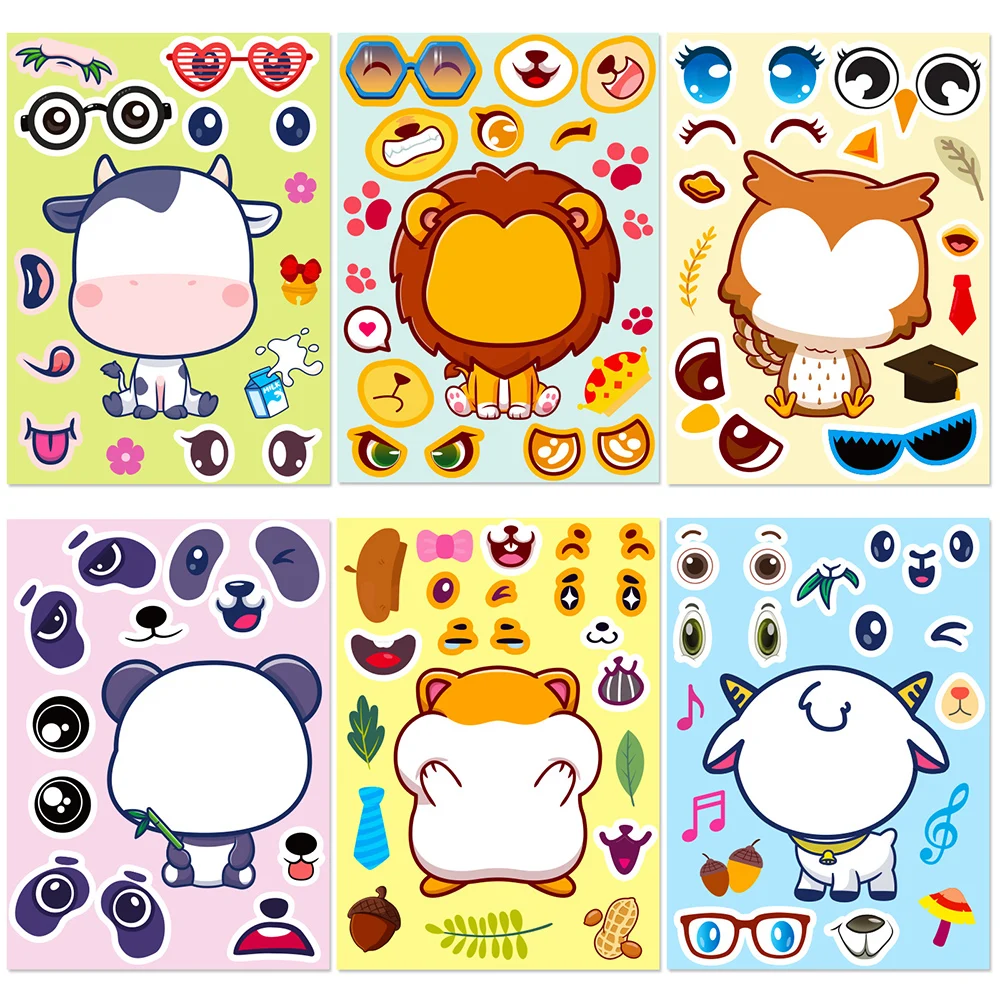 6/12Sheets Animal Make A Face Puzzle Stickers Kids Lion Owl Panda Make Your Own DIY Game Children Cartoon Jigsaw Education Toys montessori slide puzzle animal sliding logic game montessori educational wooden toys for ages 4 5 6 years old toddlers kids