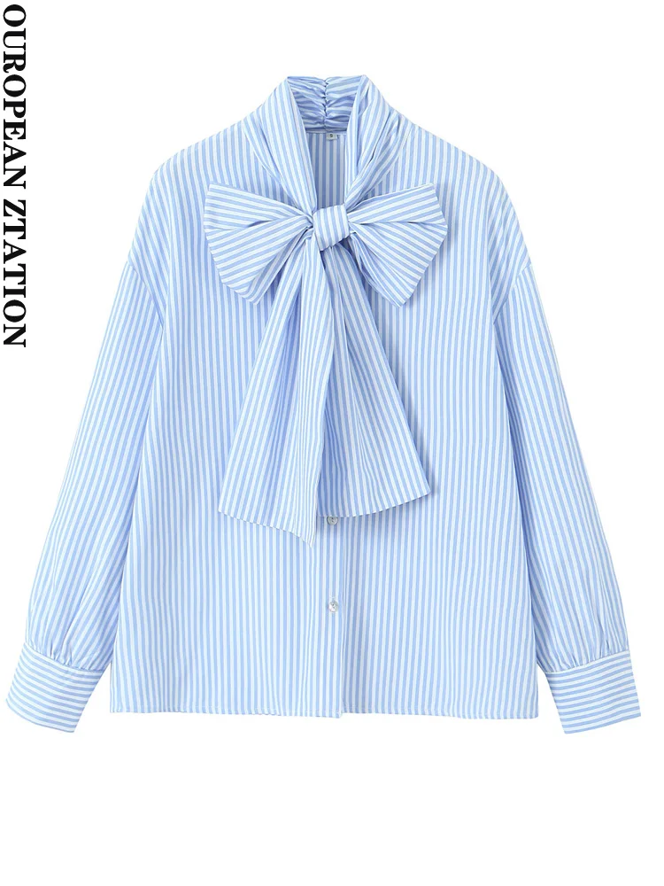 

PAILETE Женская мода 2023 с бантом полосатые рубашки винтажные с длинным рукавом на пуговицах женские блузки Блузы шикарные топы