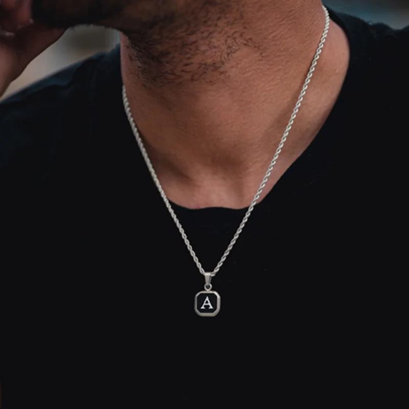 Vnox A-Z Initial Letters Men Necklaces, Geometric Pendant with Box Cuban Rope Chain, Stainless Steel Square Simple Collar