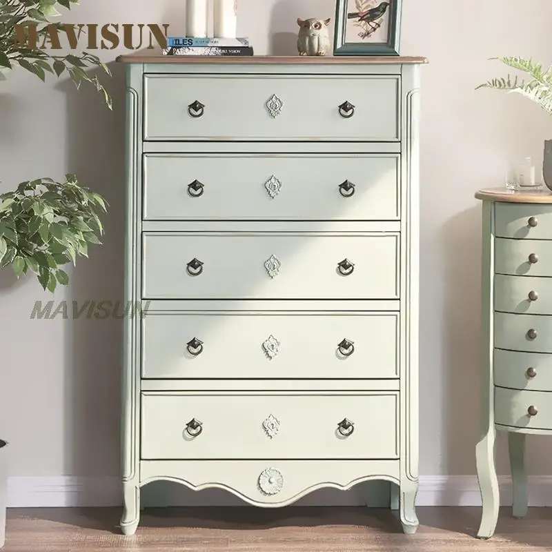 

American Minimalist 5 Drawers Solid Wood Bedroom Side Cabinet Living Room Storage Cabinet Against The Wall Retro Painted Buffet