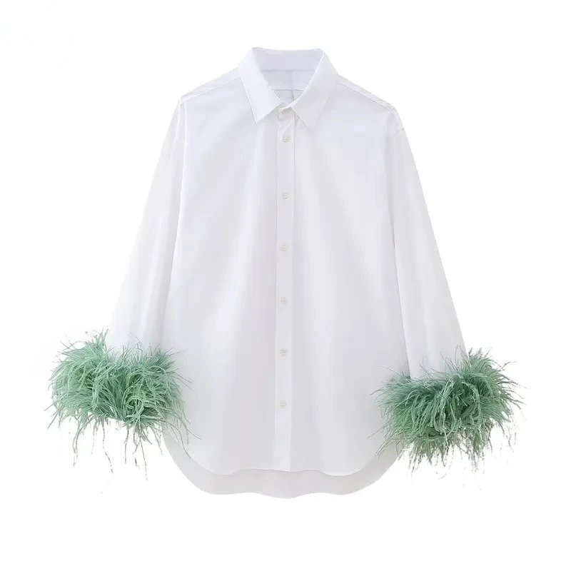 

Feather White Shirt Women Button up Loose Collared Shirts and Blouses for Long Sleeve Women's