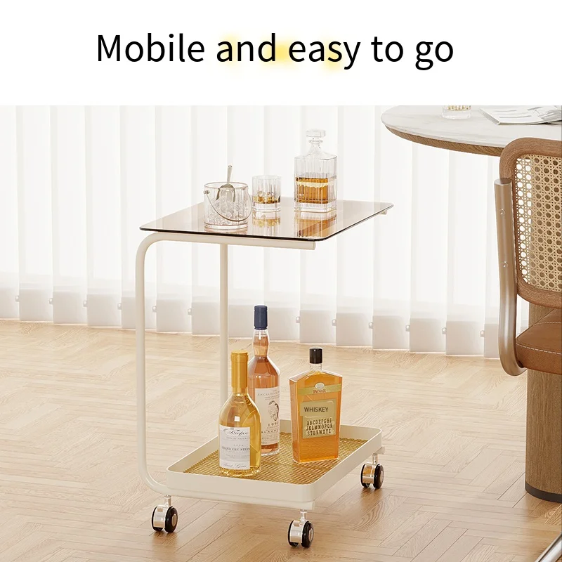 Modern Cream Marble Side Table C-Shaped Edge Small-Sized Movable Coffee Table Simple Bedside Furniture with Metal Base