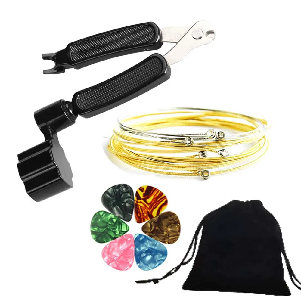 

3 в 1, многофункциональный Съемник струн для гитары + 6 стальных струн для гитары + медиаторы для гитары