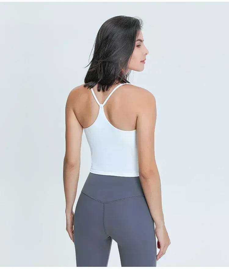 Lemon Women Gym Sports Tank Top Crop Sling Movable Y-line Yoga Vest Summer Outdoor Jogging Fitness Shirts Built In Bra Crop Top