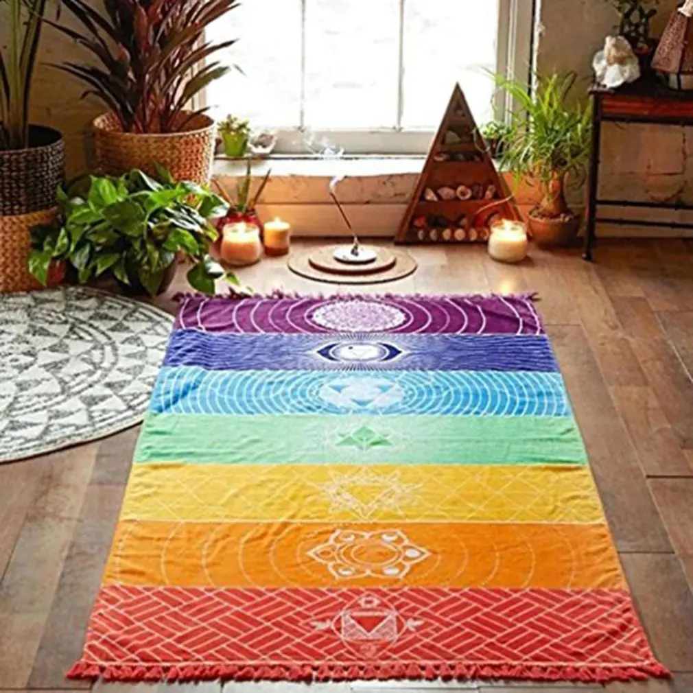 

70cm*150cm Meditation Yoga Rug Towels Mexico Chakras Tassel Striped Floor Dorm Room Mat Tassel Tapestry Art Home Decoration