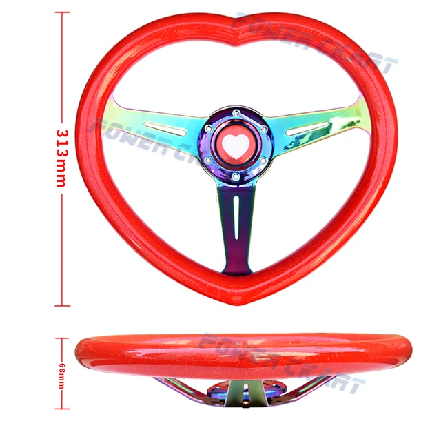 14inch Universal Racing Heart Steering Wheel Wood Chrome Spoke Girl  Steering Wheel with Anime Horn