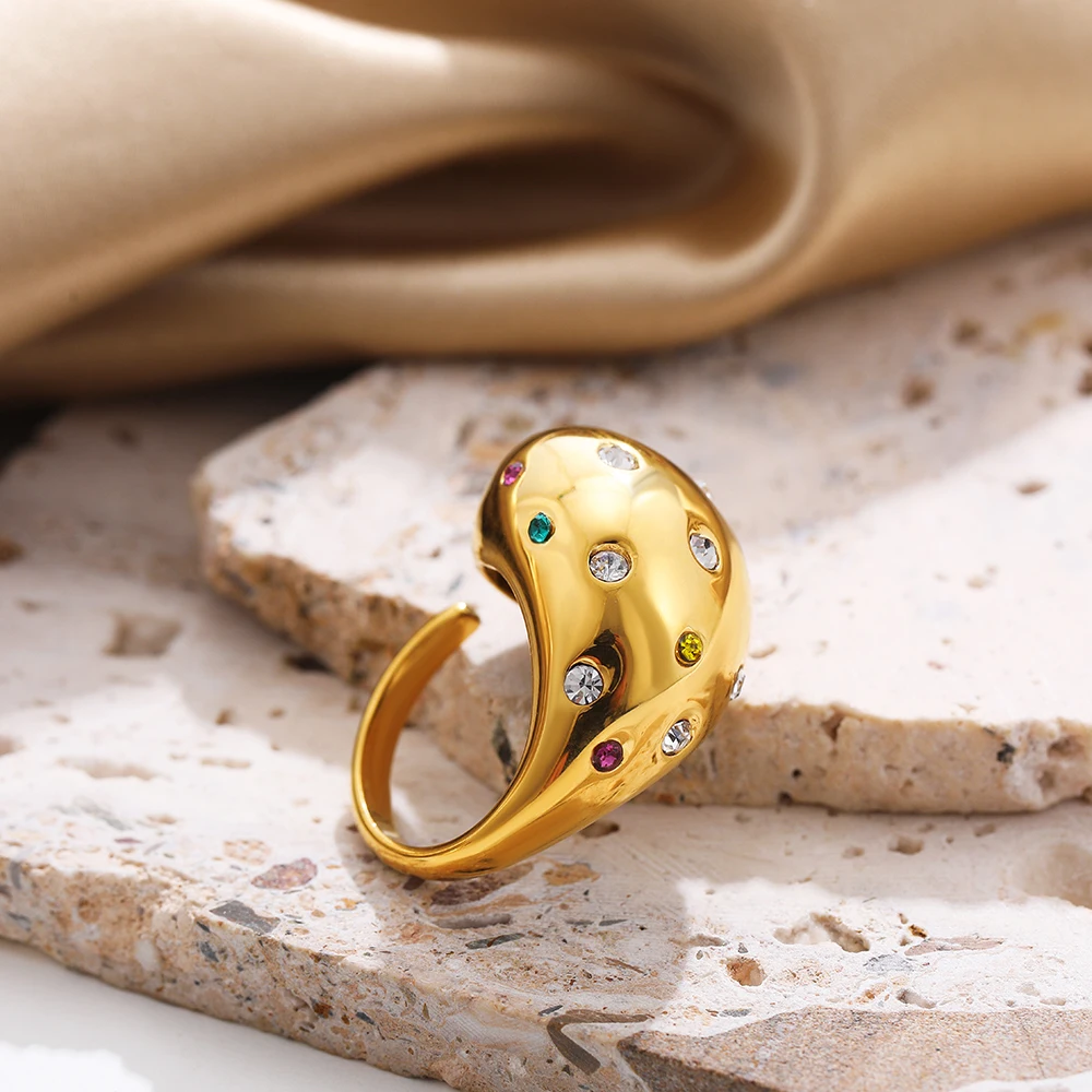 PVD Thick Waterdrop Multicolour Rhinestone Openable Ring Stainless Steel Pearl Glossy Indie Women Rings Designer Vintage Jewelry
