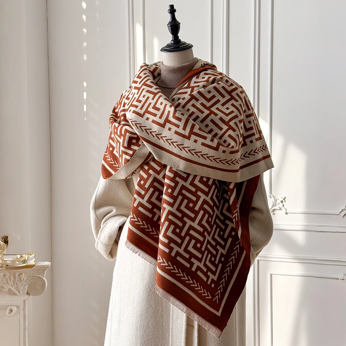 2025 Luxury Brand Women's Cashmere Scarf - Winter Warm Tasseled Allover Geometric Print Pashmina Shawl, Foulard & Poncho