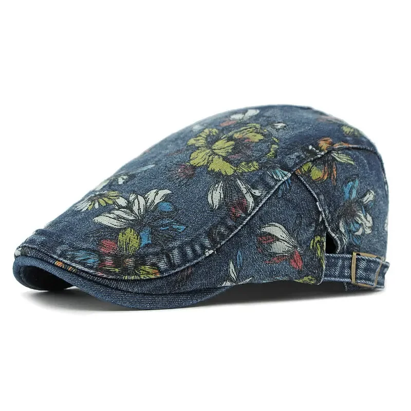 Newsboy Cap Four Seasons Cotton Flower Print Newsboy Caps Flat Peaked Cap Men and Women Painter Beret Hats 163