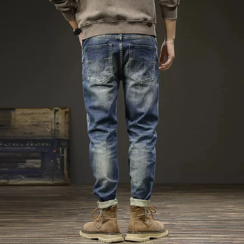 European Vintage Fashion Men Jeans Retro Blue High Quality Elastic Slim Fit Ripped Jeans Men Casual Designer Denim Pants Hombre
