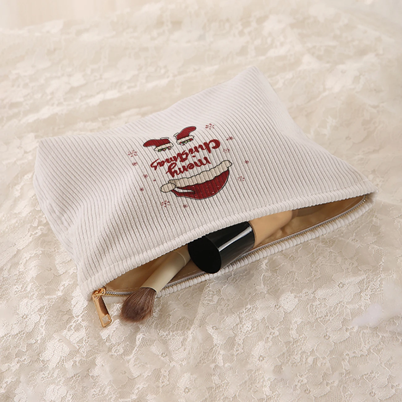 1 Christmas themed corduroy makeup bag, lightweight zipper makeup storage box, multifunctional bag with lining