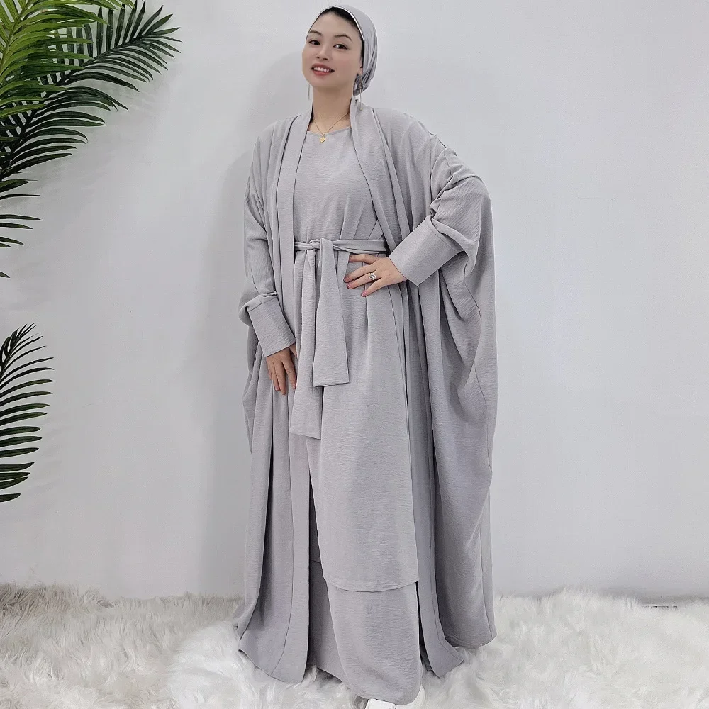Muslim Sets 2 Piece Matching Abaya Kimono Crinkle Abayas for Women Dubai Turkey Hijab Inner Dress Islam Suits Ramadan Outfits