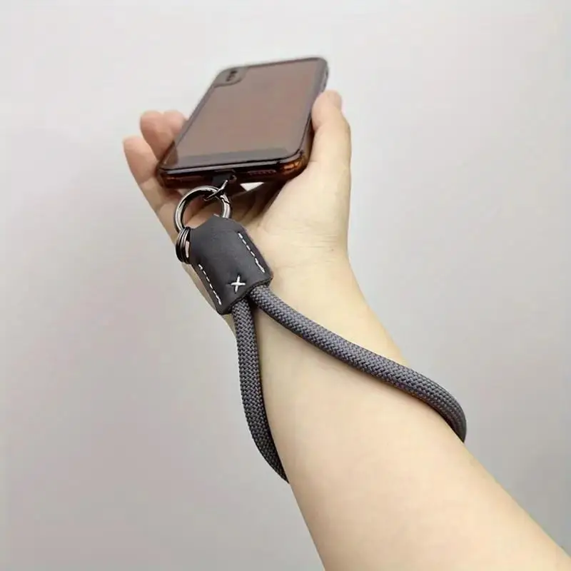 Stylish Braided Phone Lanyard with Leather Accents - Durable Outdoor Wrist Strap