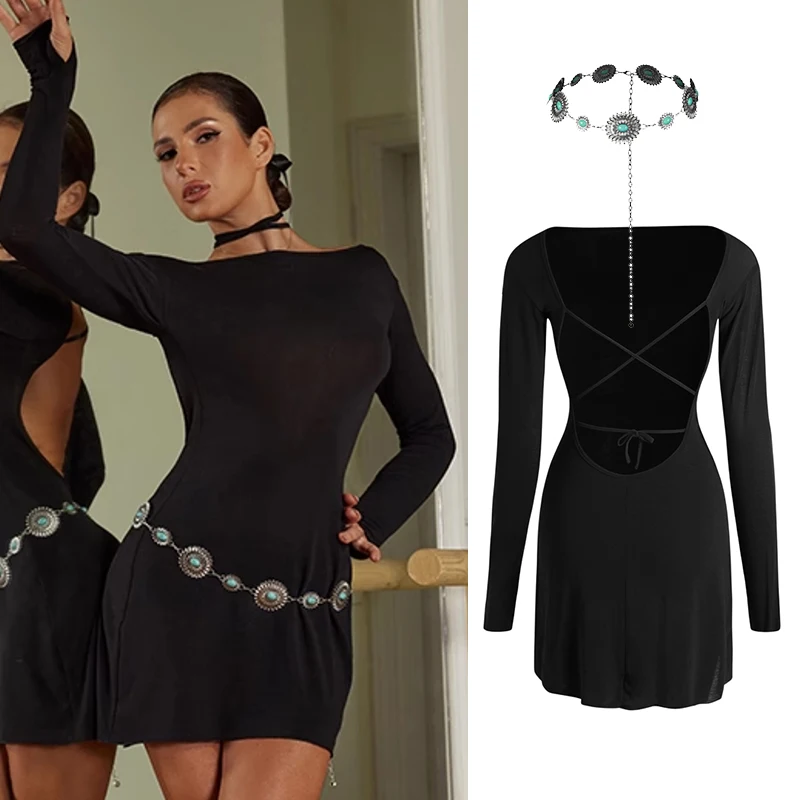 

Sexy Backless Latin Dance Dress Women Black Long Sleeves Practice Clothes Rumba Dancewear Adult Club Prom Dance Costume DNV19066
