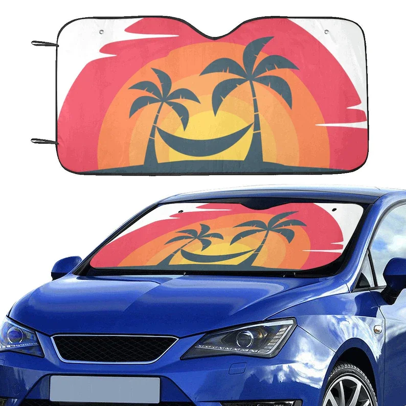 

Retro Sunset Windshield Shade Island Hammock Palm Tree Car Accessories Auto Protector Window Visor Screen Cover Decoration