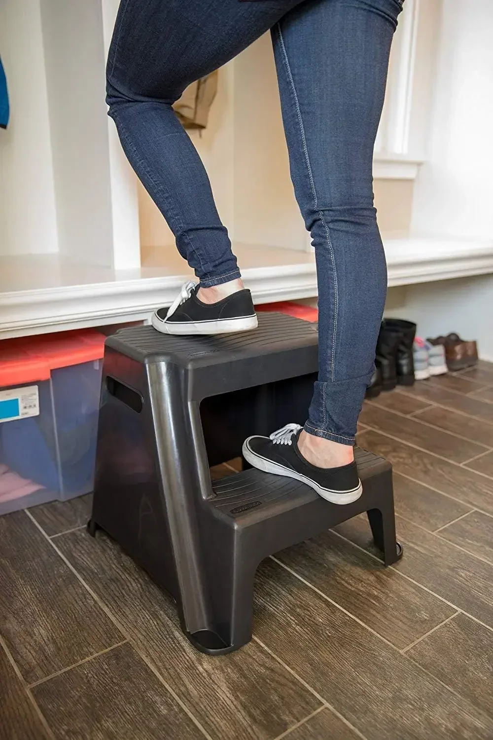 RM-P2 2-Step Molded Plastic Step Stool with Non-Slip Step Treads, 300 lbs. Load Capacity, Lightweight, Black (Amazon Exclusive)