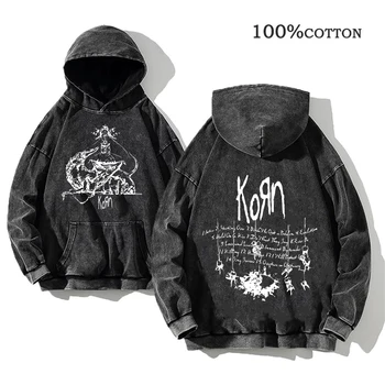 Korn Rock Band World Tour Hoodies Vintage Washed Men's Sweatshirts Cotton Hip Hop Streetwear Hooded Pullover Loose Y2K Tops 1