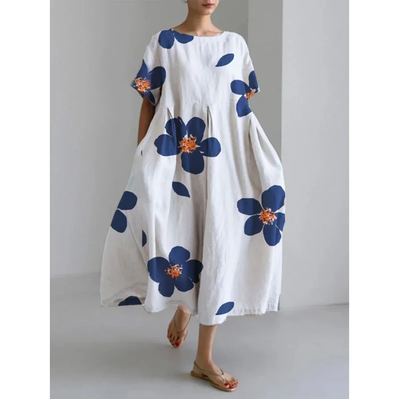 Loose Flower Print Dress for Women Summer Fashion Casual Streetwear Short Sleeved O-neck Swing Skirt Dress Female Party Vestidos