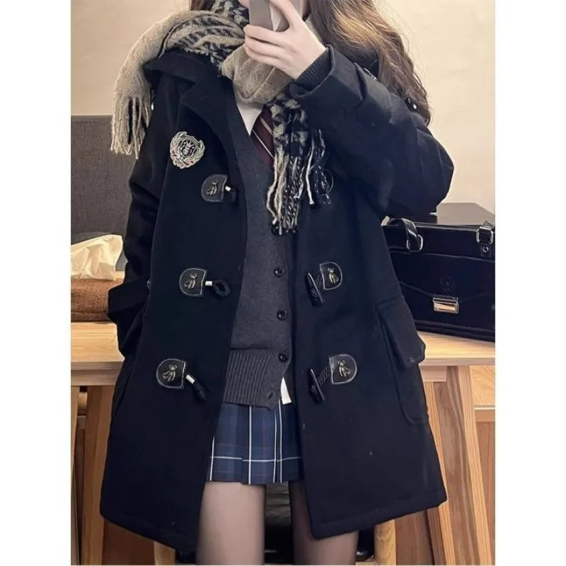 

Deeptown Korean Fashion Long Coat Women Preppy Style Vintage Oversize Black Jacket Autumn Winter College Wool Blends Streetwear