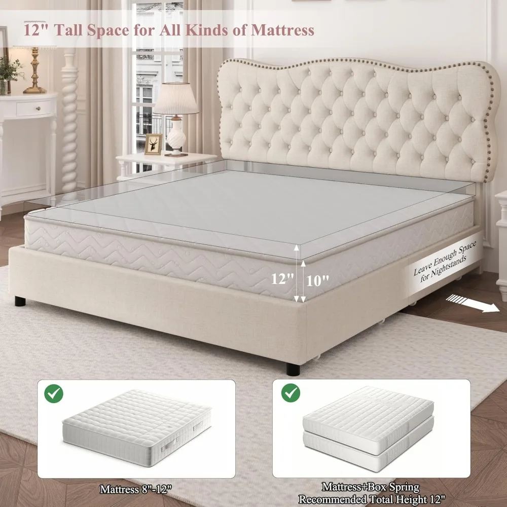 King Bed Frame with 4 Storage Drawers, Upholstered Platform Bed Frame with Button Tufted Headboard,No Box Spring Needed (Beige) 2