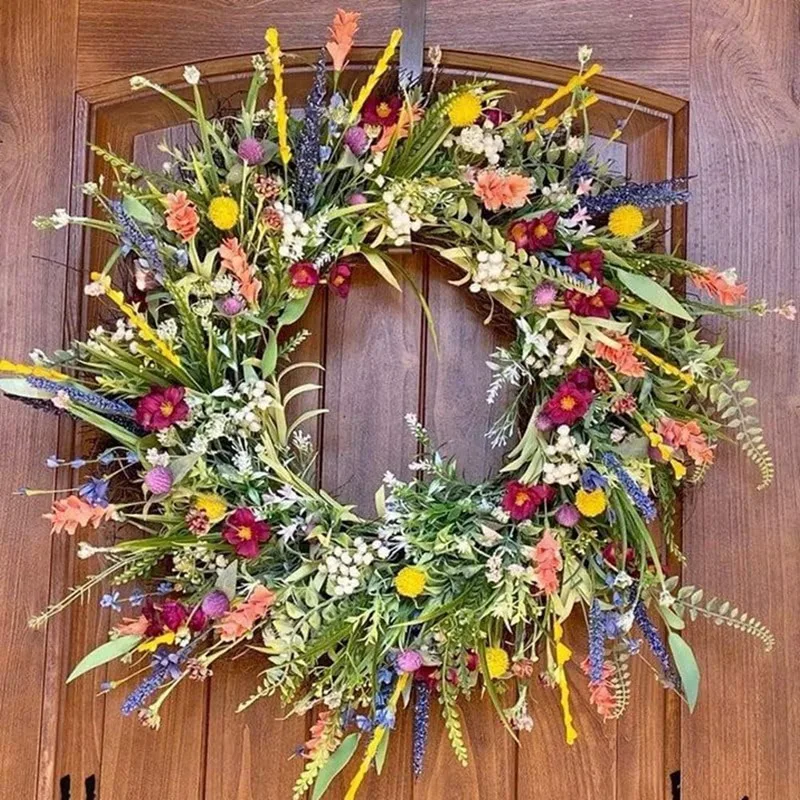 1 PCS Weatherproof Greenery All Seasons Round Wreaths 18In Outside Welcome Summer Flowers