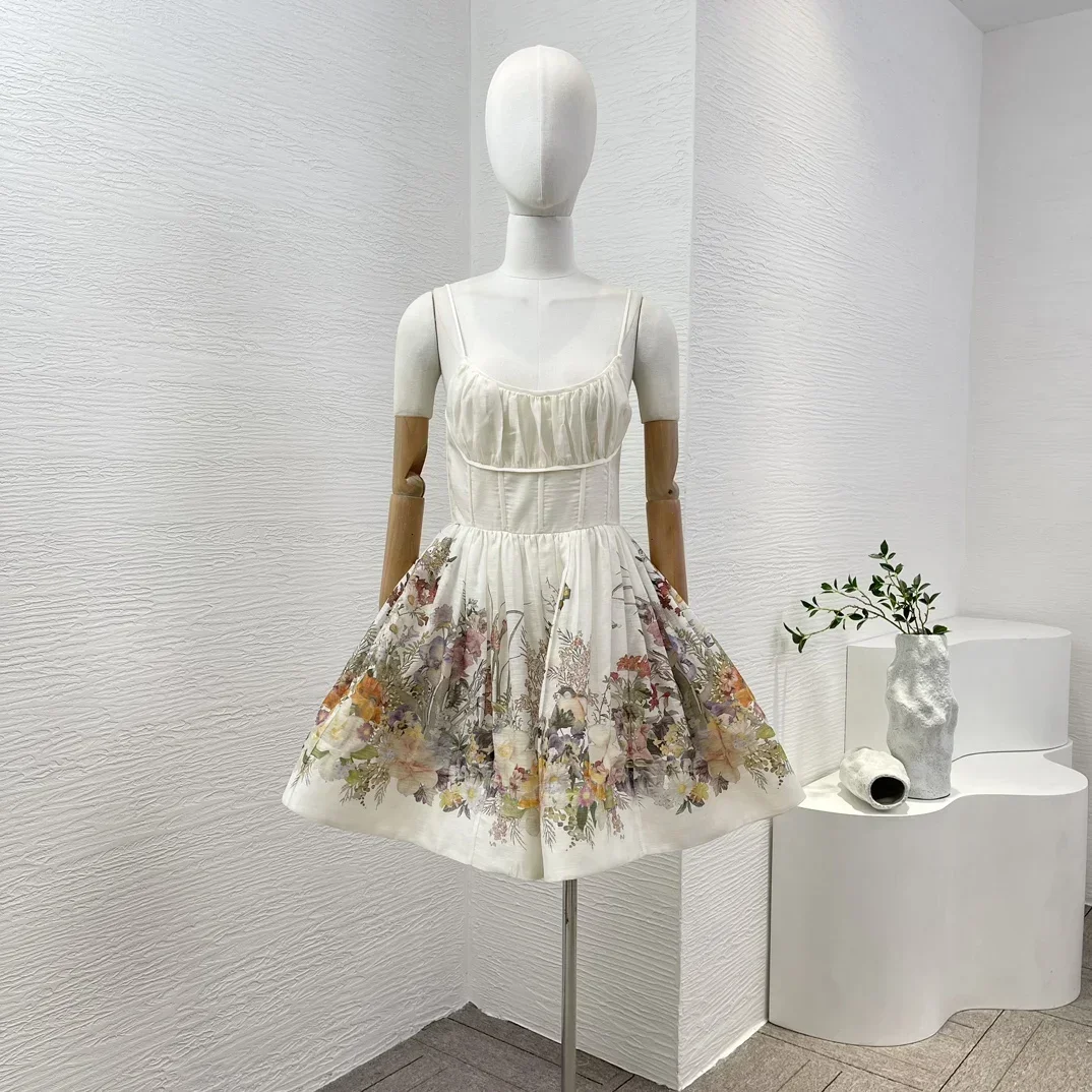 

Женское платье-мини из шелка и льна, плиссированное платье-труба из высококачественного шелка и льна с цветочным принтом, без рукавов, 2024