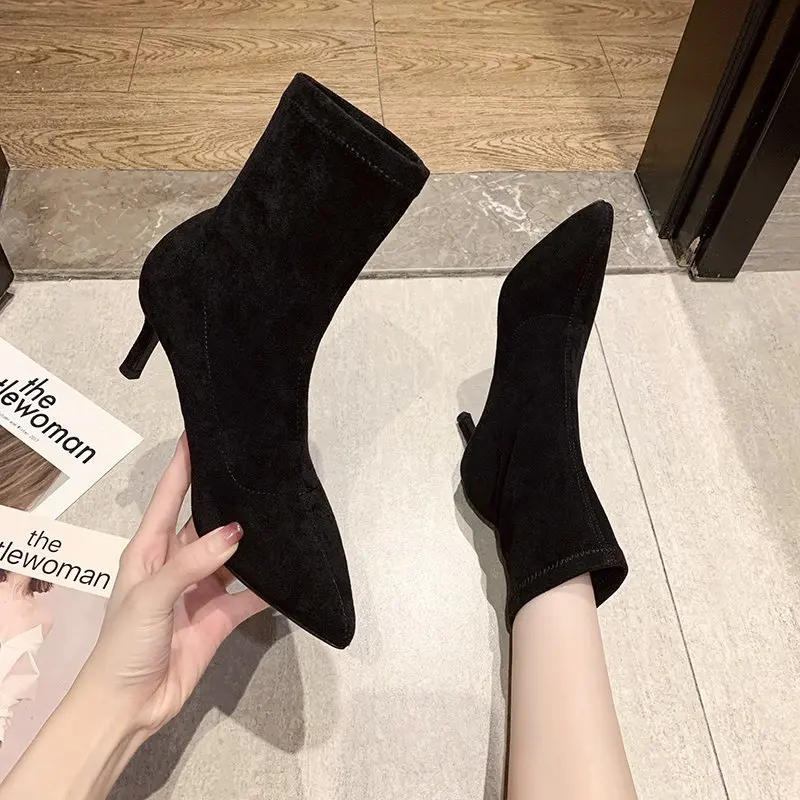 

5/7/9CM Luxury Women Black Flock Sock Boots Stiletto Thin High Heels Elastic Knitting Boots Winter Stretch Fabric Ankle Boots