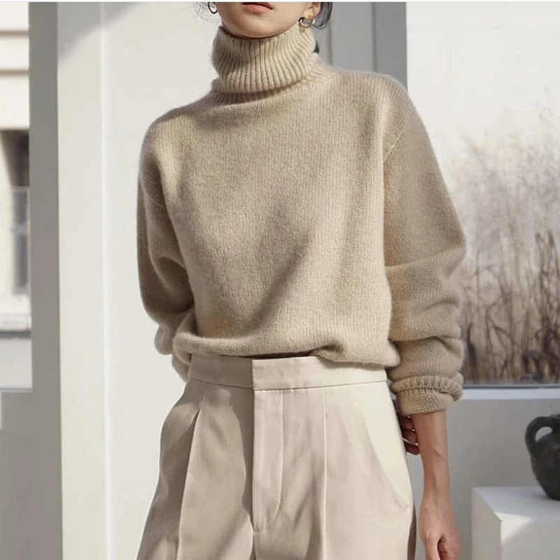 

2022 autumn/winter new style cashmere trend high-neck women's sweater soft knit basic pullover O-neck loose warm women's knit