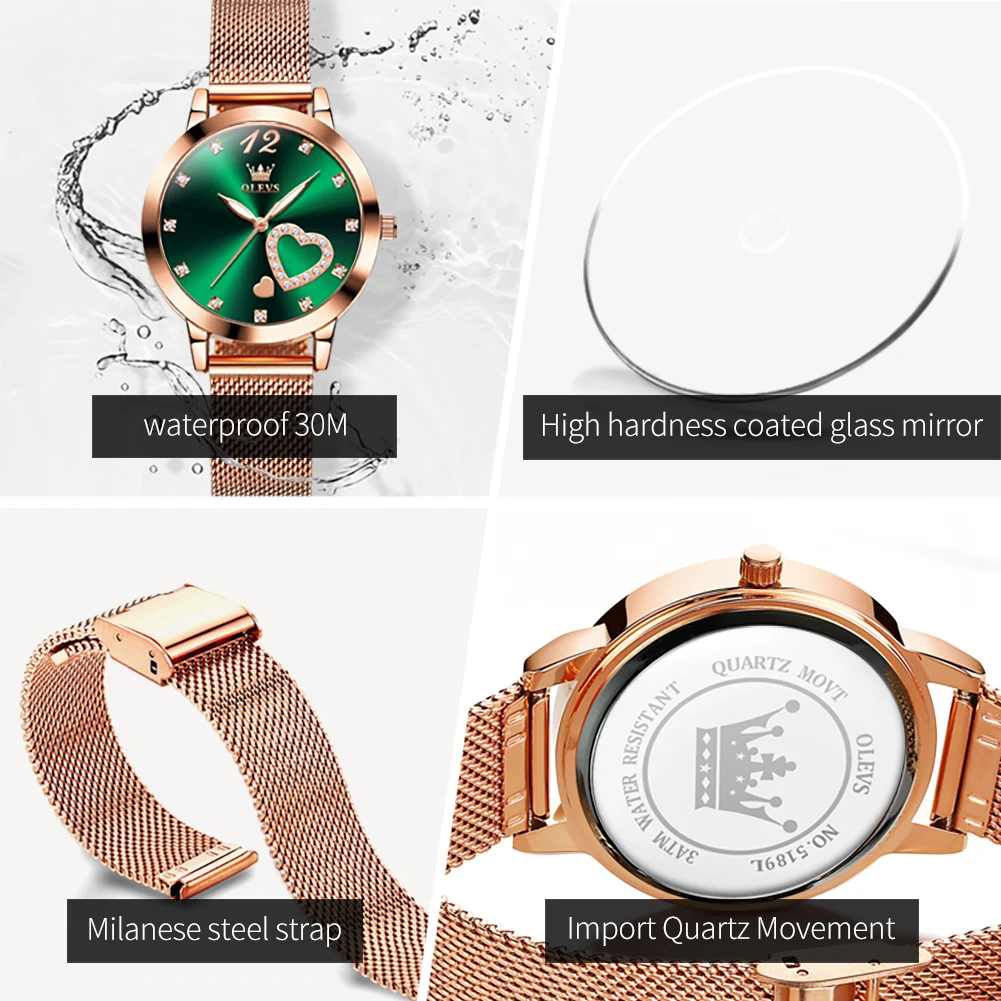 OLEVS Womens Watches Top Brand Luxury Fashion Green Dial Quartz Watch Stainless Steel Waterproof Ladies Wrist Watch Montre Femme