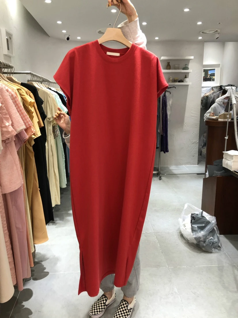 Foreign Trade Cut the Tag off South korea 동대문 2023 써머 레드 솔리드 스플릿 반팔 중간