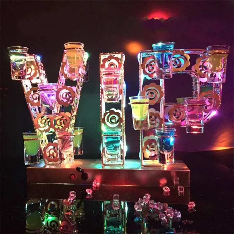 Rechargeable Luminous Light Up VIP Shaped LED Cocktail Tray Wine Glass Cup Holder for Bar Disco Party Decorations Supplies