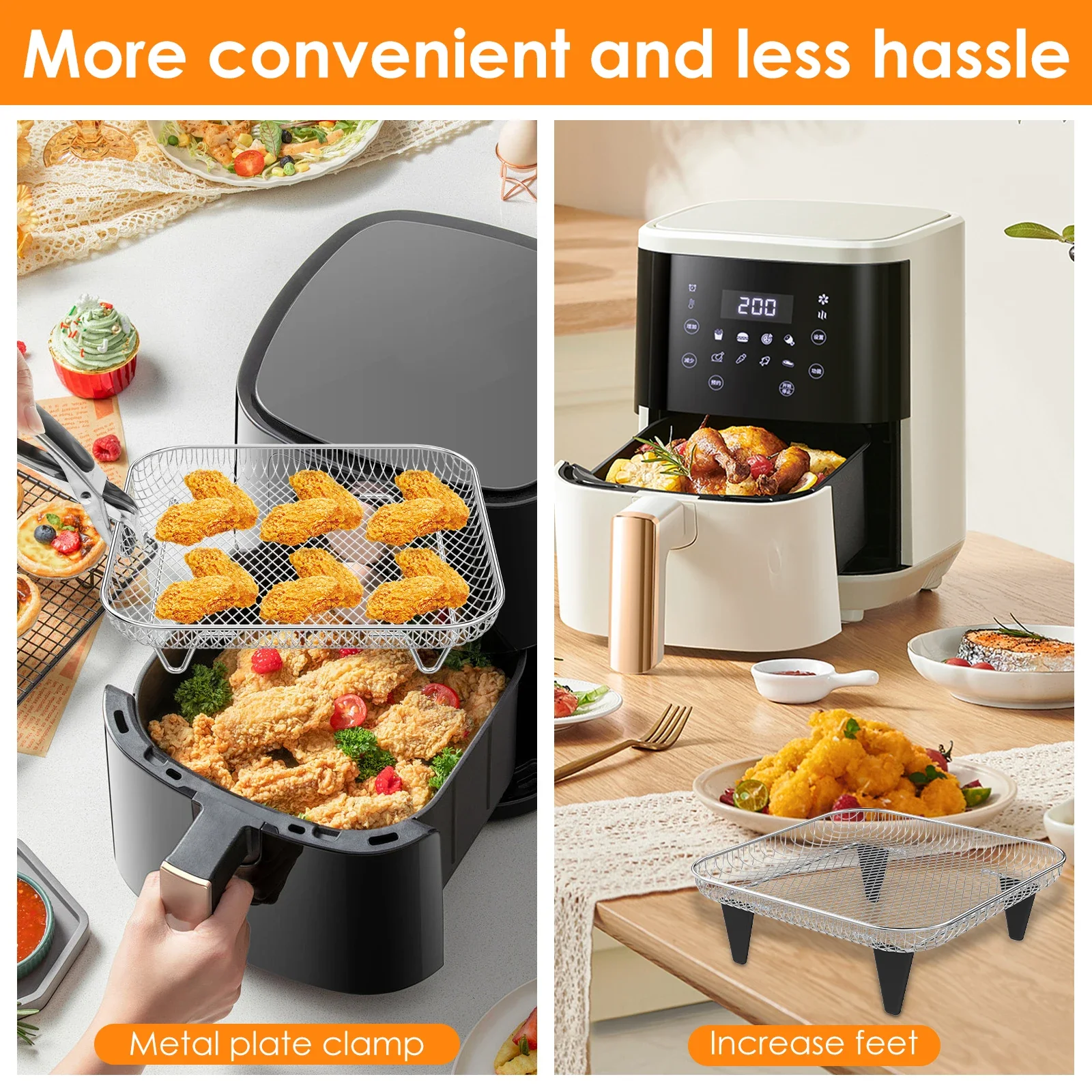 3Layer Air Fryer Rack Square Air Fryer Grill Rack Stainless Steel Grill Dehydrator Stackable Basket with 8