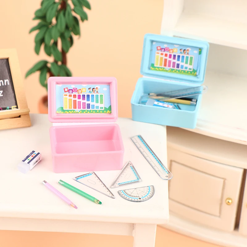 

1/12 Doll House Miniature Pencil Case Pen Ruler Eraser Stationery Box Set Model Toy Mini Decoration Dollhouse Accessories
