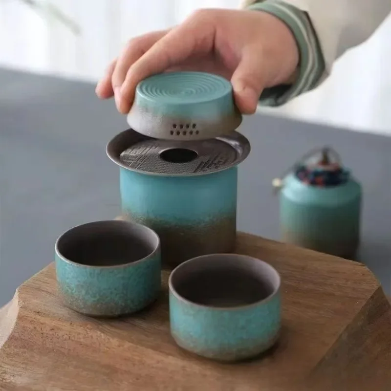 Kiln change vintage spring green rough pottery one pot 4 cups tea caddy simple small set outdoor living room tea room