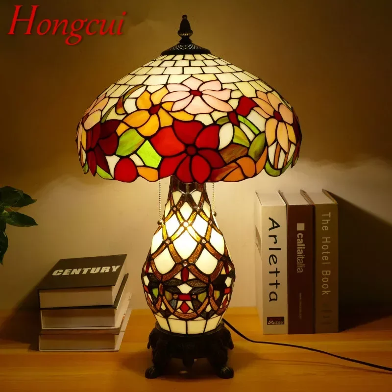 

Hongcui Tiffany Table Lamp American Retro Living Room Bedroom Lamp Luxurious Villa Hotel Stained Glass Desk Lamp